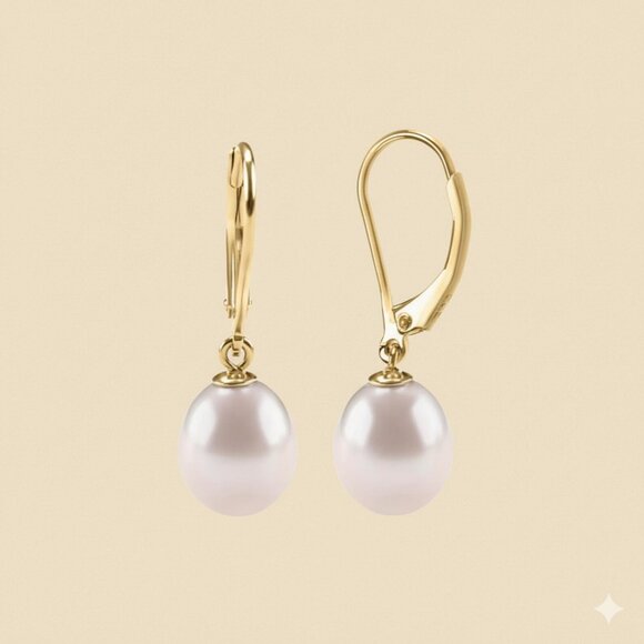 18k Gold Natural Freshwater Pearl Earrings, Single Pearl Earrings, Dropped Pearl - Picture 5 of 6